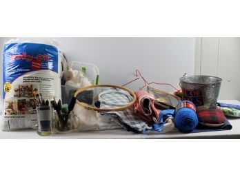 Blue Tote With Two Bags Polyfill, Buttons, Pail, Yarn, Batting