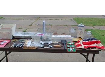 Old American Flag, Tea Bag Holder, 2 Apple Corers, Two Incense Pots, Red Tote