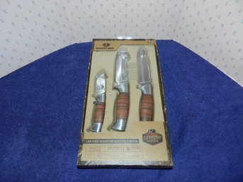 SET OF 3 MOSSY OAK LEATHER GRIP WRAPPED HUNTING KNIVES NEW SEALED