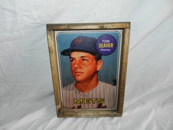 REPRODUCTION TOM SEAVER BASEBALL CARD PRINTED ON WOOD WITH FRAME 12 X 8