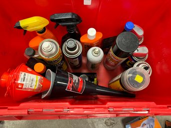 Bin Of Misc. Auto Cleaners, WD/40, Funnels