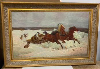 Polish Signed Oil Painting On Canvas With Great Gold Frame 3 Horse Sleigh