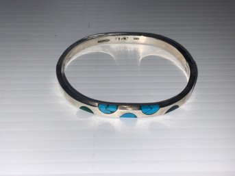 Sterling Silver Turquoise And Malachite Inlaid Bangle Bracelet