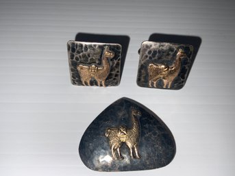 Sterling Silver 18k Signed Old Cuzco Cuff Links And Pin Suite