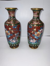 Pair Of Cloisonne 10 Inch Vases With Bird And Floral Motif