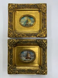 Pair Of Ship Paintings On Board With Gold Frames