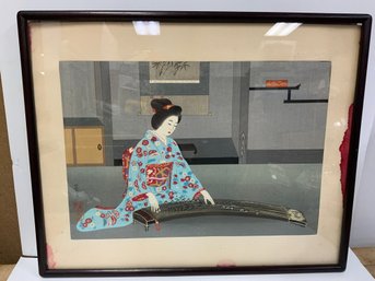 Japanese Woodblock Print Of A Woman Playing A Koto