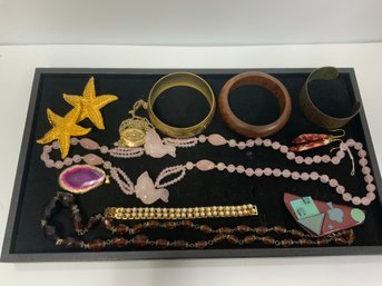 Costume Jewelry Lot With Hardstone Carved Duck Necklace