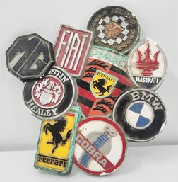 Vintage 18' Chalkware Automotive Brand Emblems & Badges Sign - Fiat MG Cobra BMW Ferrari Maserati Porsche