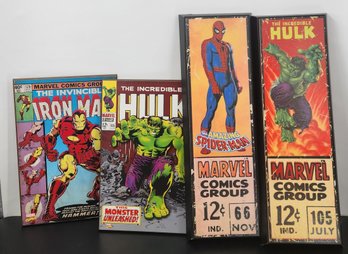 Vintage Marvel Comics Picture Lot Framed Hulk & Spider-Man Covers, Iron Man & Hulk Wooden Photos