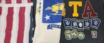 Lot Of Flags And Patches - MBTA Inspector, US Flag, Massachusetts State Flag, Letters T & A