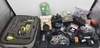 Photography Equipment Lot: Camera, Lenses, Accessories, Case & Storage Bin