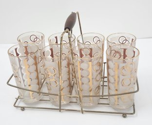 Lot Of 8 Vintage Mid-Century Modern (MCM) Highball Glasses In Metal Tray