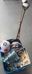 Sports Item Bin: Golf Clubs, Soccer, Football & Hockey Patriots, Bruins, Red Sox Baseball Gloves & New Stuff