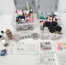 Large Lot Of Crafting Materials: Sparkles, Pigments, Acrylics, Beads & 2 Shelves