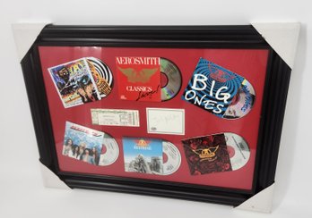 Signed Framed Aerosmith Joe Perry Piece Of Paper W/ CD's & Concert Ticket W/ COA