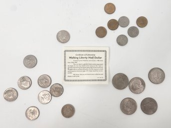 Lot Of 21 Coins - Including Walking Liberty Half Dollar With COA  & US Pennies - Lot 5