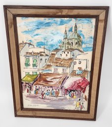 Framed Impressionistic Townscape Painting European Style - Signed