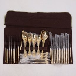 78pc Kincaid Gold-Toned Flatware Set: Svc For 12, Steak Knives & Serving Pieces