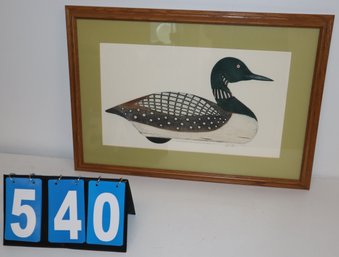 26' X 18' - Framed Art Work - Signed - DUCK! Loon Decoy 1/2 Scale Maine Nevin 1950 98/150