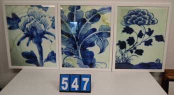 3 Panels - 24' X 30' Each - Framed Art Work Print - Unknown Artist - Blue Chinese Cracked Bowls