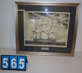 31' X 27' - Framed Art Work - Unknown Artist - W/ Plaque! US Frigate Constitution Of 44 Guns - 1978
