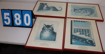 4 Pieces - Each 14' X 11' - Framed Cat Art Work - Metropolitan Museum Of Art