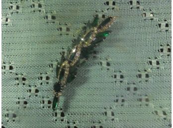 LEAF PIN WITH GREEN STONES AND RHINESTONES