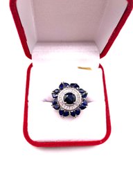 Ladies Fashion Sapphire And White Zircon Ring Rhodium Over STERLING SILVER