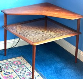 Vintage Danish MCM Teak And Woven Cane Minerva Corner Table