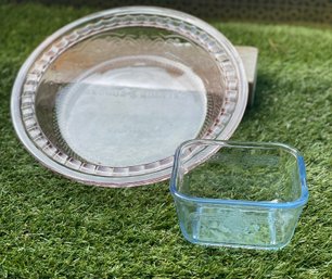 Vintage Pink Depression Glass Pie Plate & Blue Pyrex Refrigerator Dish