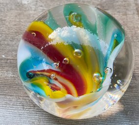 Vintage 1980s Hand-Blown Art Glass Paperweight  Rainbow Swirl With Floating Bubbles, 3 Tall