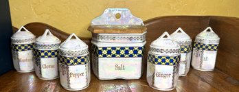 Lusterware Antique Porcelain Spice Jars And Salt Box
