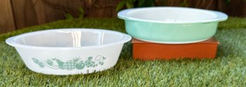 Vintage PYREX AND GLAS-BAKE Casserole Dish And Aqua Milk Glass Fruit Bowls