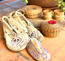 Vintage Lot Of Native American Baskets And Moccasins