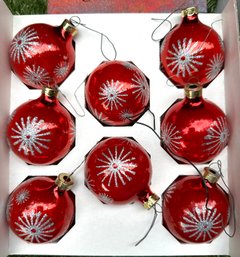 Vintage Red And Silver Starburst Christmas Ornaments S/8