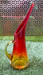 Vintage  1970s Crackle Glass Amberina Red Yellow Ewer Pitcher Vase