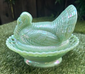 Vintage Iridescent Jadeite Turkey Covered Bowl