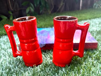 Vintage Frankoma Pottery Red Orange Handled Shot Glass S/2