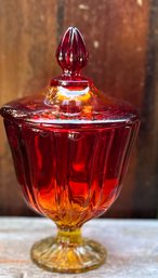 Vintage Amberina Glass Candy Dish With Lid