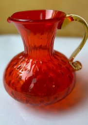 Vintage Pilgrim Art Glass Optic Thumbprint MCM Orange 6' Yellow Handle Pitcher