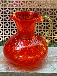 Vintage Pilgrim Art Glass Optic Thumbprint Orange  W/ Yellow Handle Pitcher