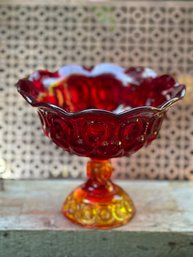 Vintage Moon & Stars Amberina Ruby Red Glass Footed Compote Candy Bowl