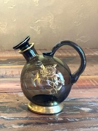 Vintage MCM Bubble Brown Glass Pitcher With Gold Etched Rose Design
