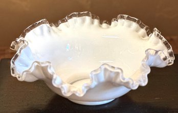 MCM White Milk Glass With Clear Ruffled Trim Bowl