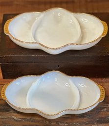 MCM Gold Beaded FIRE KING MilK Glass Serving Divided Snack Trays S/2