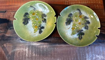 Vintage Mid Century Signed Sascha Brastoff Green Grape Enamel Ashtrays S/2