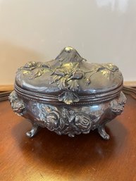 (B5) Antique Ornate Art Nouveau Rose Silver Plate Casket Style Trinket Jar