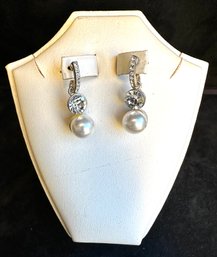 Vintage Dangle Drop Faux Pearl And Rhinestone Earrings