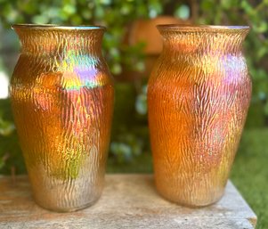 Vintage Marigold  Iridescent 'Jeanette Tree Bark' Carnival Glass Vases S/2